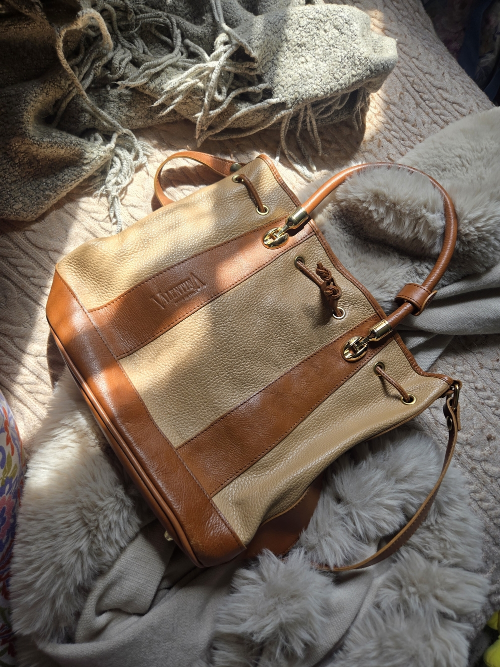 Valentina Two-Tone Beige & Tan Leather Tote